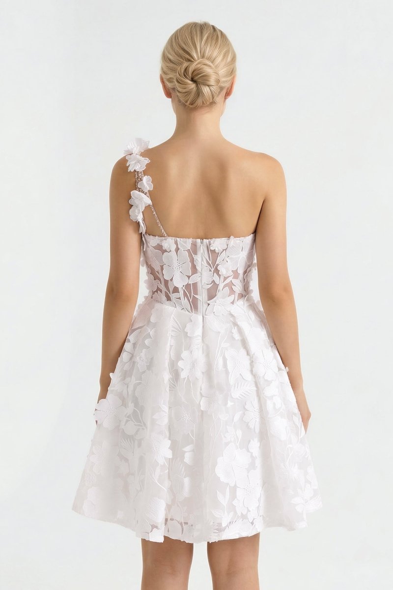 Ivory One - Shoulder Lace A - Line Graduation Dress With 3D Flower - KissProm